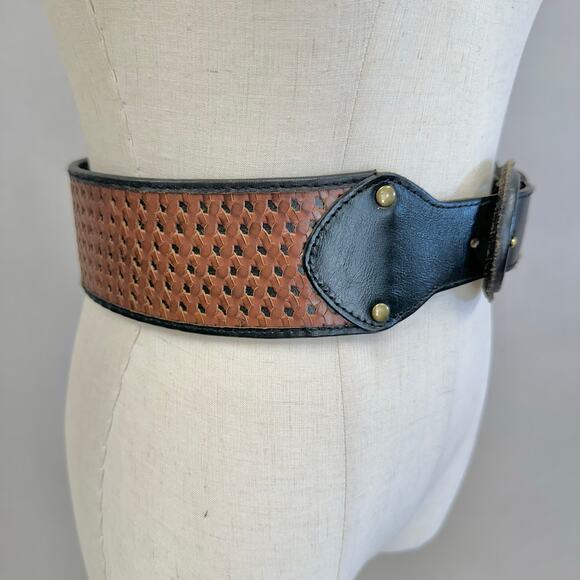 Justin Boots basketweave tooled leather western belt size 42 gold tone buckle - Picture 10 of 14